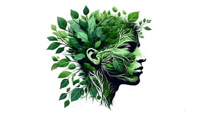 Sticker - Botanical head crafted from lush green leaves and intertwined plant branches, showcasing the harmony between nature and technology