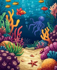 Wall Mural - Underwater coral reef with colorful fish, jellyfish, and starfish. Illustration of marine life in the ocean