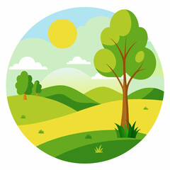 Wall Mural - sunny meadow with rolling hills and a single tree