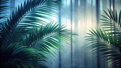 Green palm with reeded glass. Blurred sunny template for tree presentation. Ribbed Background. White Reeded Glass. Zen-inspired empty design with realistic blank space. Plant leaves.