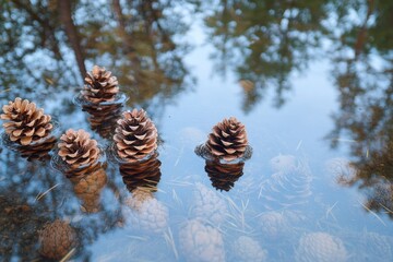 Canvas Print - Pine Cones Floating in a Forest Pond