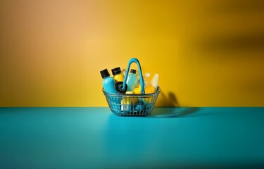 A shopping basket with various blue and yellow items on a teal surface against a yellow and orange background.