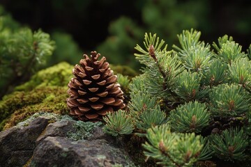 Sticker - A Single Pine Cone Resting on Mossy Rock