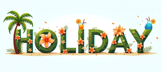 The word holiday made up of objects that express holidays, palm trees under the tropical sun, holiday feelings