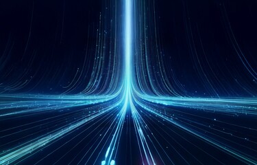abstract blue lines converge in a luminous beam against a dark background.
