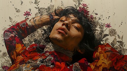 Wall Mural - Floral Portrait of a Man with Eyes Closed