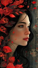 Canvas Print - Red Leaves and a Woman's Portrait: A Digital Art Illustration