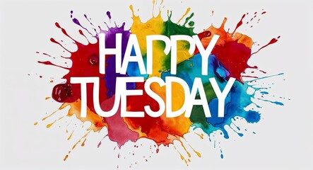 Wall Mural - happy Tuesday word lettering on colorful paint watercolor splash on plain white background