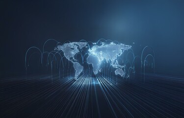 a digital rendering of the world map with glowing lines and dots, representing global connectivity.