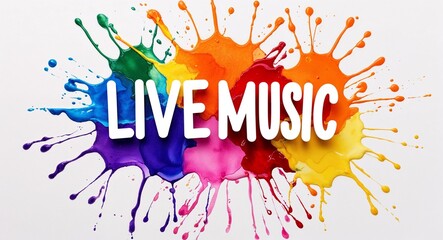 Wall Mural - live music word lettering on colorful paint watercolor splash on plain white background