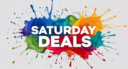 Wall Mural - Saturday deals word lettering on colorful paint watercolor splash on plain white background