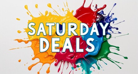 Wall Mural - Saturday deals word lettering on colorful paint watercolor splash on plain white background