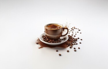 A single cup of coffee with a saucer, sprinkled with coffee beans and powder, on a white background.