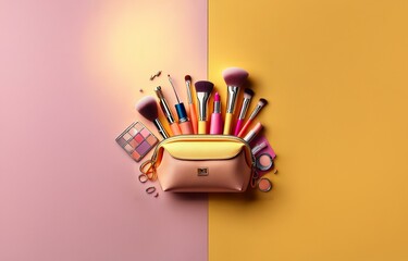 A yellow and pink makeup bag with brushes, lipstick, and eyeshadow spilling out of the opening.