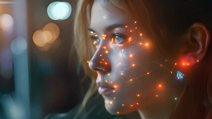 Poster - A womans face illuminated by digital mapping points for facial recognition.