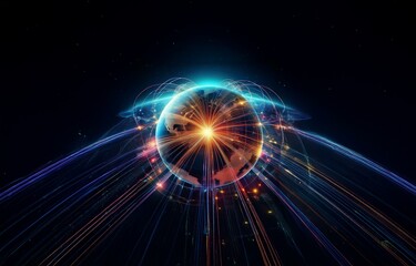 a glowing, digitally rendered globe with bright lines emanating from its surface against a black bac