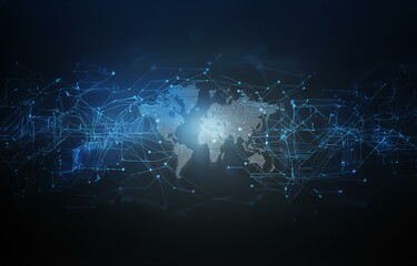 a stylized world map is surrounded by lines and glowing dots on a dark blue background.