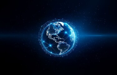 Wall Mural - a glowing blue earth with a web of connecting lines on a dark blue background.