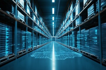 Leinwandbilder - a warehouse fulfillment center with technology overlayed in glowing blue : Generative AI