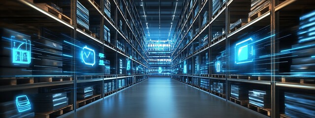 Leinwandbilder - A futuristic warehouse corridor illuminated with blue digital data projections : Generative AI