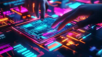 Fototapete - high-tech laptop with colorful coding interface and web tools : Generative AI