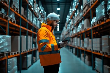 Poster - a logistics manager standing inside fully automated fulfillment center : Generative AI