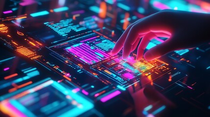 Fototapete - high-tech laptop with colorful coding interface and web tools : Generative AI