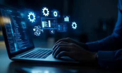 Aufkleber - A business professional using a laptop with digital icons : Generative AI