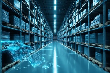 Leinwandbilder - a warehouse fulfillment center with technology overlayed in glowing blue : Generative AI