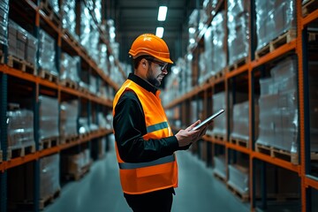 Poster - a logistics manager standing inside fully automated fulfillment center : Generative AI