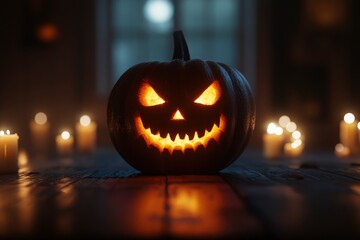 Jack O 'Lantern with glowing eyes on a wooden table with candles around it on a spooky Halloween night under the light of a full moon - generative ai