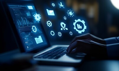 Aufkleber - A business professional using a laptop with digital icons : Generative AI
