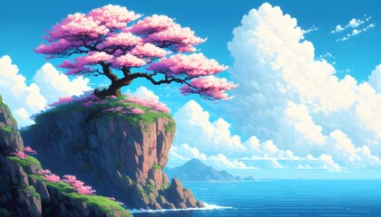 Wall Mural - Lush cherry blossom tree in vibrant pixel art atop a rocky cliff, overlooking a tranquil sea and soft clouds in the background