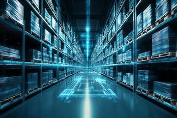 Leinwandbilder - a warehouse fulfillment center with technology overlayed in glowing blue : Generative AI