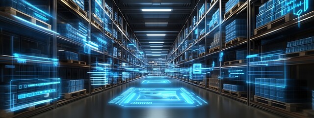 Leinwandbilder - A futuristic warehouse corridor illuminated with blue digital data projections : Generative AI