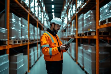 Poster - a logistics manager standing inside fully automated fulfillment center : Generative AI