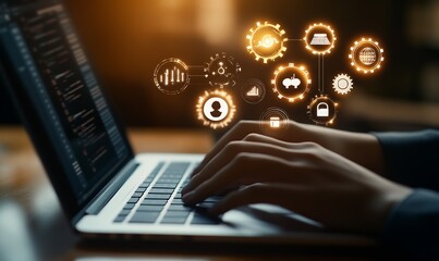 Fototapete - A business professional using a laptop with digital icons : Generative AI