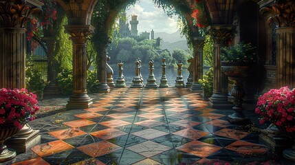 Wall Mural - Fantasy Castle Garden with Chess Pieces