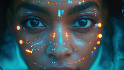 Poster - Close-up of black womans face with illuminated biometric data points.