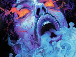 Poster - Surreal Portrait with Glowing Eyes and Abstract Smoke