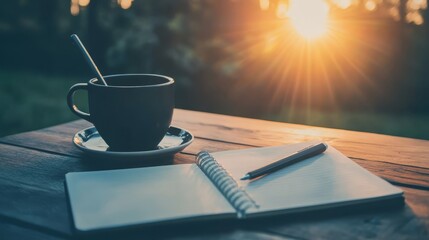 Steaming cup of coffee and open notebook on rustic wooden table 