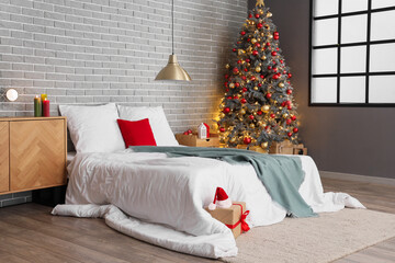 Poster - Interior of festive bedroom with Christmas tree