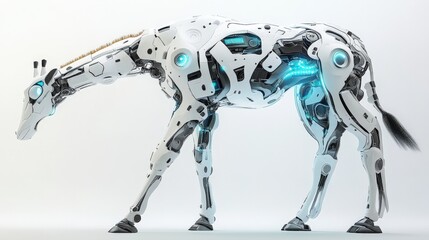 Canvas Print - Futuristic robotic horse with neon accents, white isolate background.