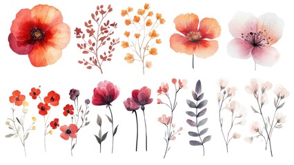 Poster - A collection of watercolor flowers in various shades of red and pink