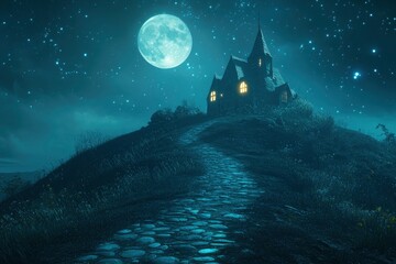 Wall Mural - Witch house on the hill. Halloween background for festive design mockup. Moon and stars, glowing, paving stones - generative ai