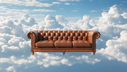 Elegant brown leather Chesterfield sofa floating in a serene sky filled with fluffy white clouds