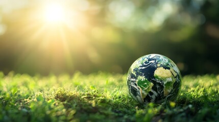 A beautiful miniature earth surrounded by lush green grass under brilliantly shining sun small rests in the with the sun shining brightly behind it