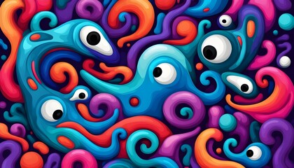 Wall Mural - Vibrant psychedelic artwork showcasing surreal creatures and fluid shapes in a mesmerizing abstract composition