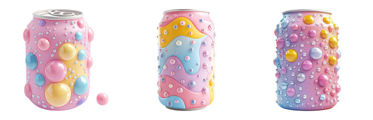 Wall Mural - Colorful Cans with Bubbles and Patterns Isolated on Transparent Background