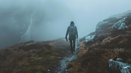 a visual of someone confronting their fear in nature, hiking through a misty, ominous landscape.
